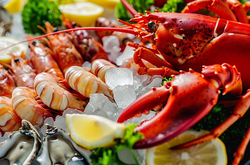 Bandeja de marisco fresco presentada al cliente